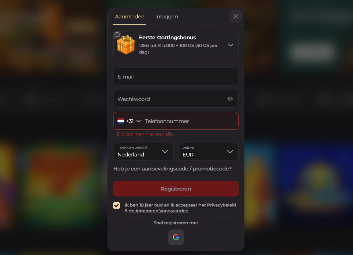 Crumbet Casino registratieformulier met welkomstbonus, e-mail, wachtwoord, telefoonnummer, land en valuta